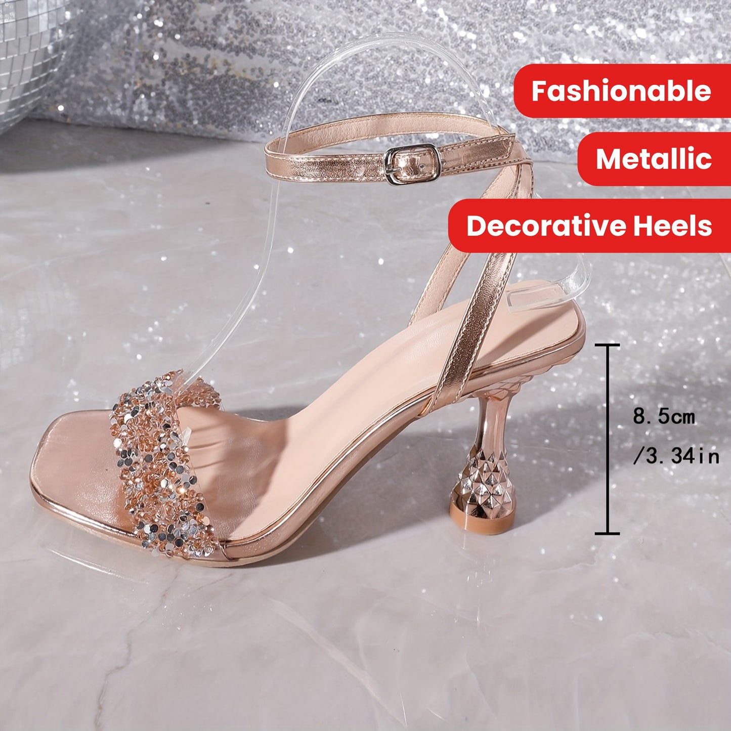 Women'S Electroplated High Heel Square Toe Shoes with Sequins and Ankle Strap - Fashionable Metallic Champagne Colored Stiletto Pumps for Spring, Summer, and Autumn, Allseason Shoes|Square Toe Shoes|Decorative Heels