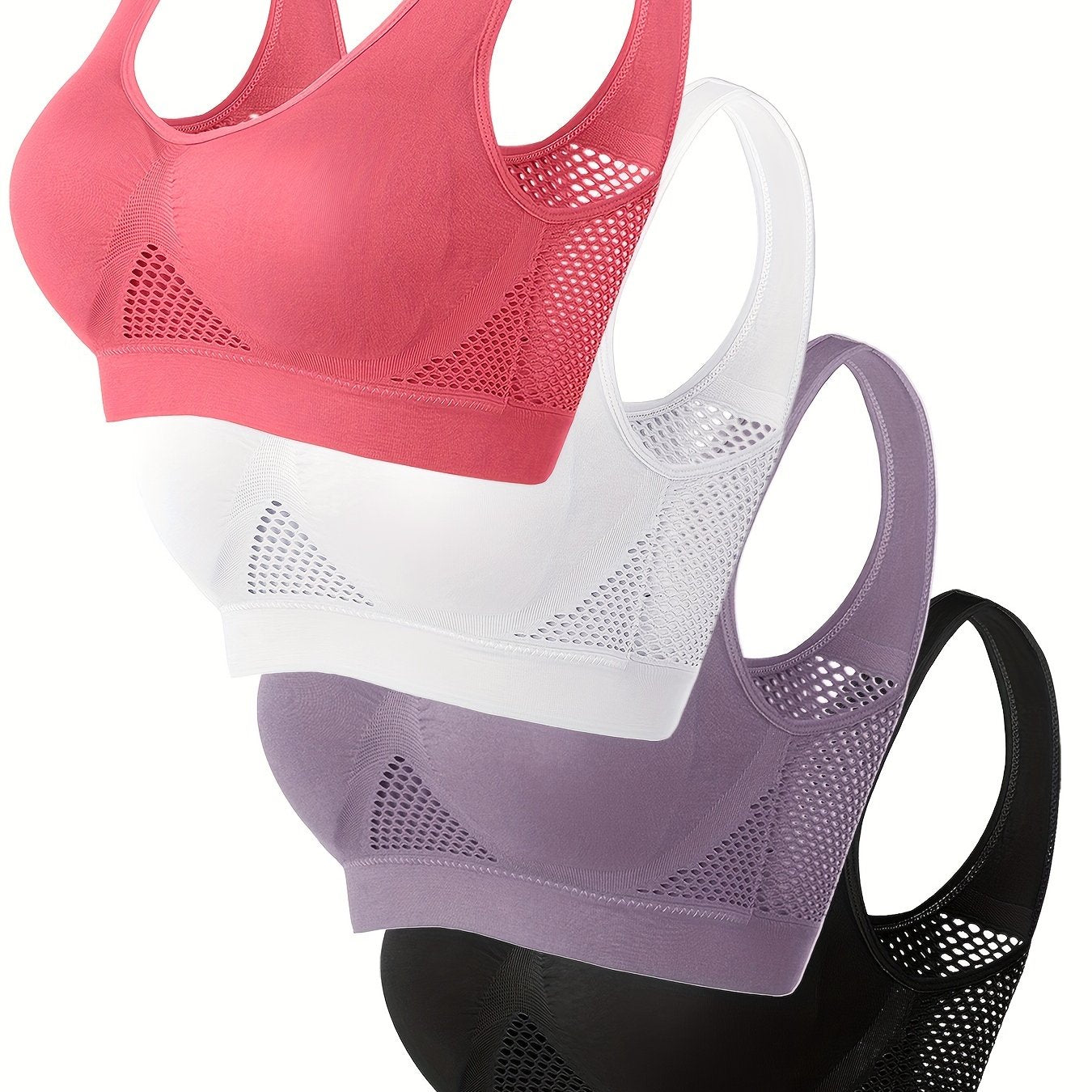 Wireless, Breathable 4pcs Women's Sports Bras - Padded, Mesh with Racerback Design for Yoga, Fitness, Running - Pink, White, Purple, Black, Workout Accessories