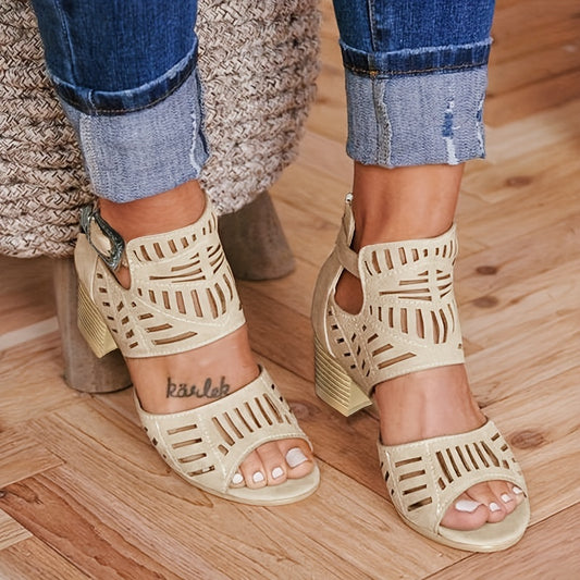 Women's Hollow Out High Heels, Fashion Peep Toe Buckle Strap Block Heels, Back Zipper Design Sandals