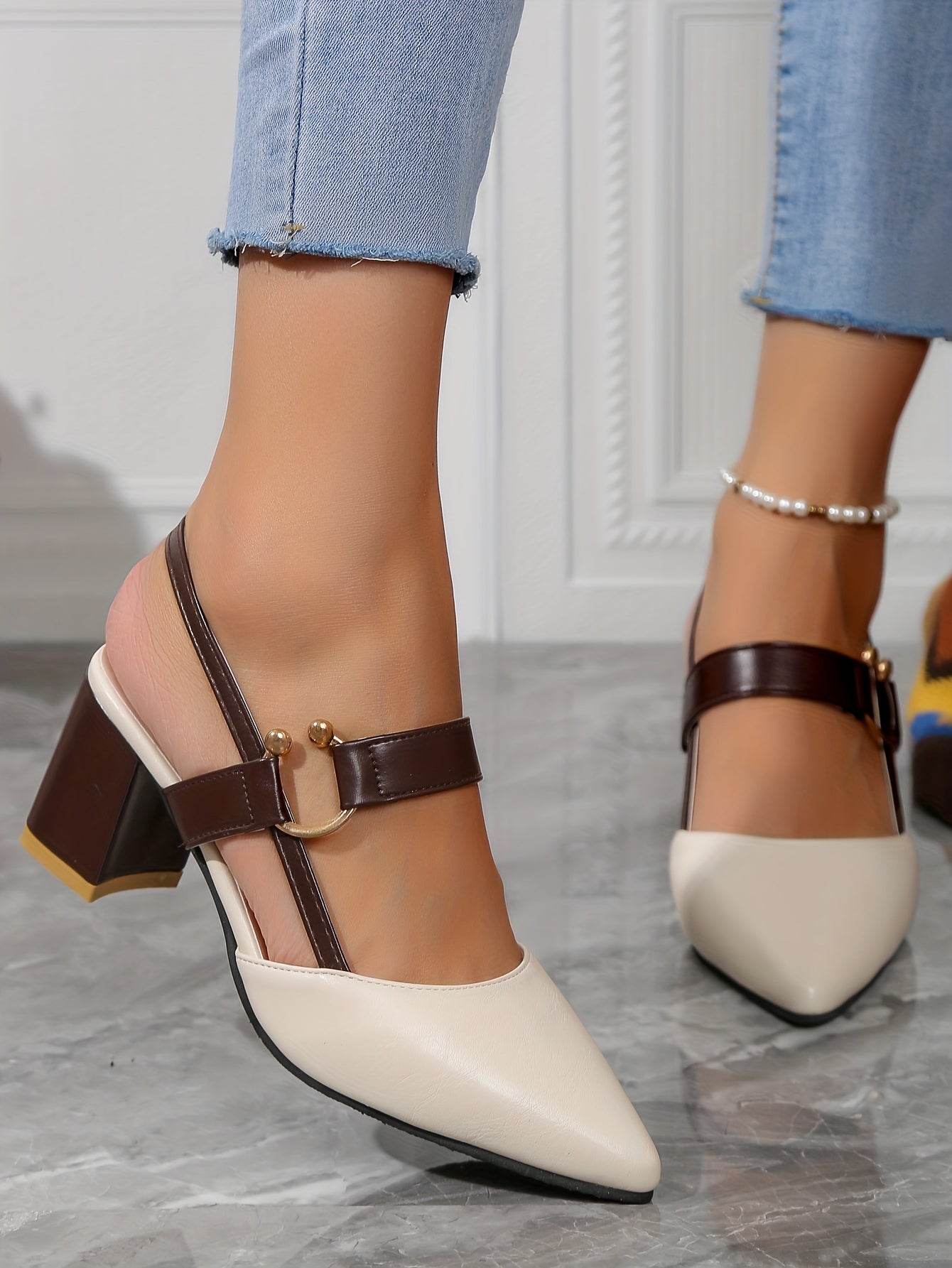 Women's Pointed Toe Block High Heel Sandals, Fashion Solid Color Slingback Shoes, Versatile Mid Heels