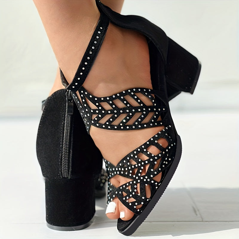 Womens Boho Chic Sandals - Stylish Hollow Out Block Heels with Peep Toe & Back Zipper - Low Heel, Breathable & Easy-On Design for Fashionable Evening or Casual Wear