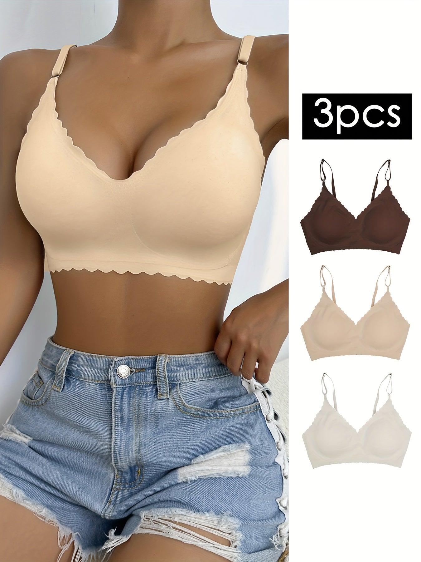 3pcs Wavy Trim Seamless Bralettes, Comfortable & Breathable Wireless Intimates Bras, Women's Lingerie & Underwear