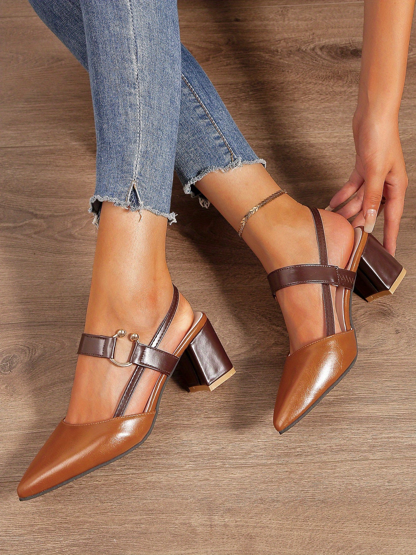 Women's Pointed Toe Block High Heel Sandals, Fashion Solid Color Slingback Shoes, Versatile Mid Heels