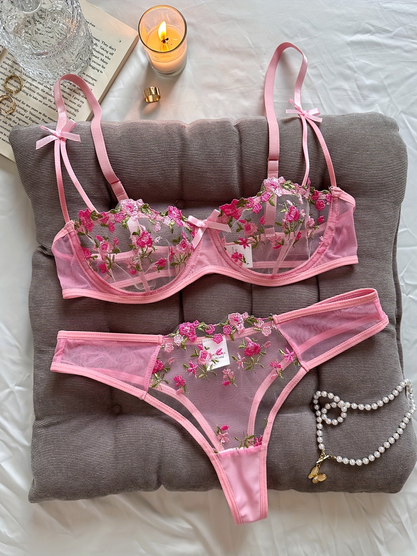 Sexy Floral Embroidery Lingerie Set - Women's Mesh Unlined Bra and Panty, Delicate Underwear for Romantic Nights - Soft, Breathable, and Comfortable