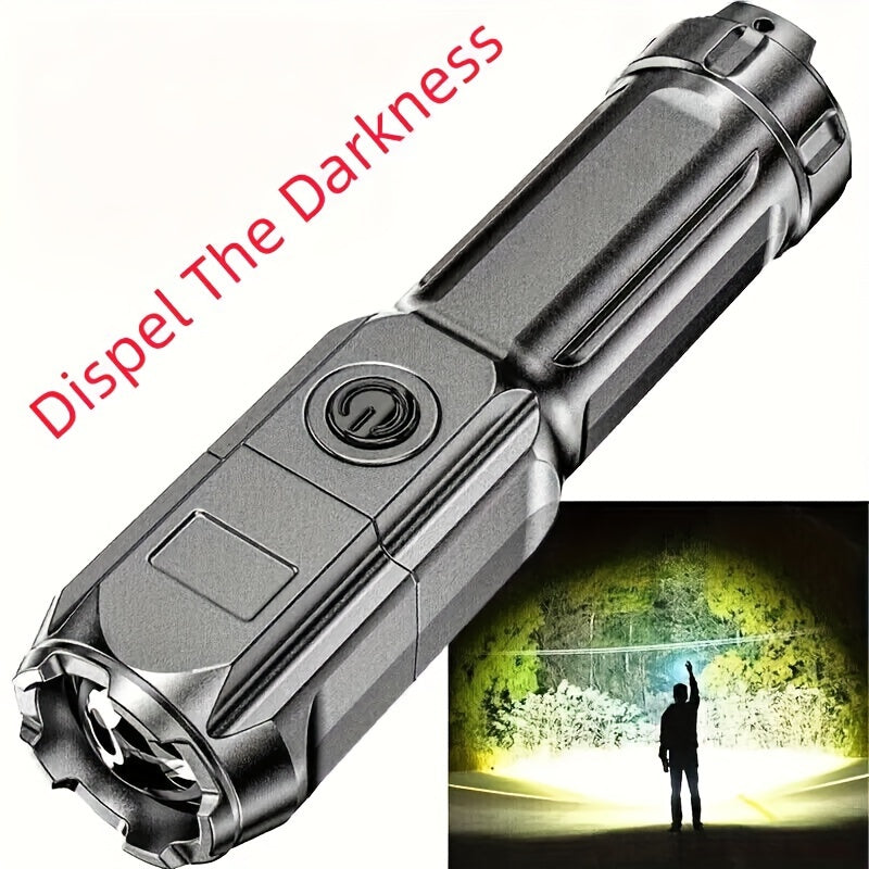 1pc Tactical Zoomable Flashlight - Rechargeable 800mAh Battery, Portable Multi-Functional Outdoor Light with Textured Grip & Dual Power Source (Battery/USB) for Home, Camping, and Emergency Use, Rechargeable Flashlight