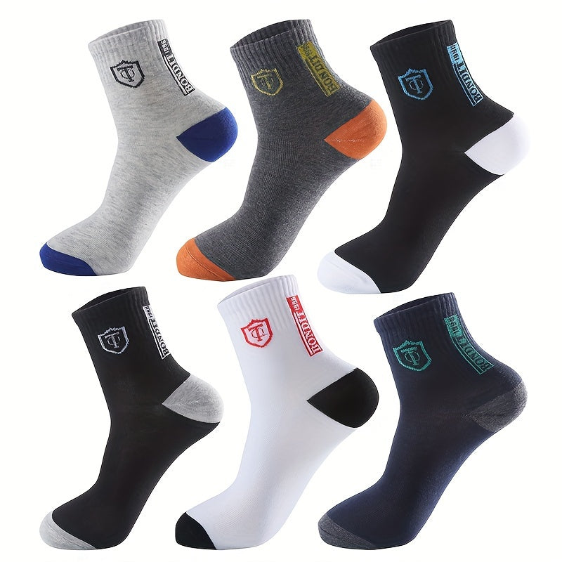 6pairs Men's Sweat Absorbing Embroidered Crest Athletic Socks, Ankle Socks