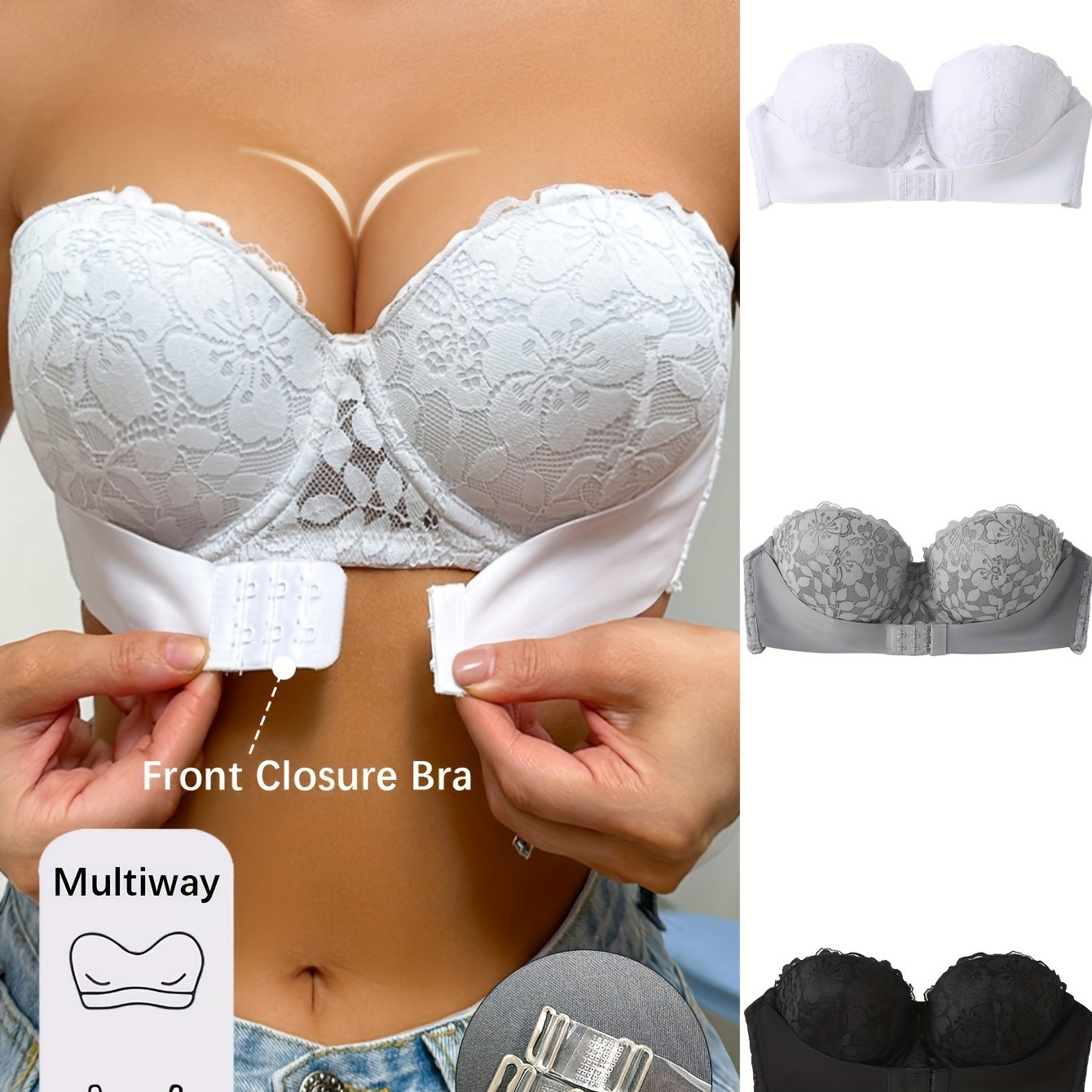 [3pcs Push-Up Lace Strapless Bras] 3pcs Elegant Lace Strapless Bras for Women - Invisible Front Closure, Push-Up Balconette Style with Non-Removable Pads, Breathable & Comfort Fit, Available in White, Gray, Black