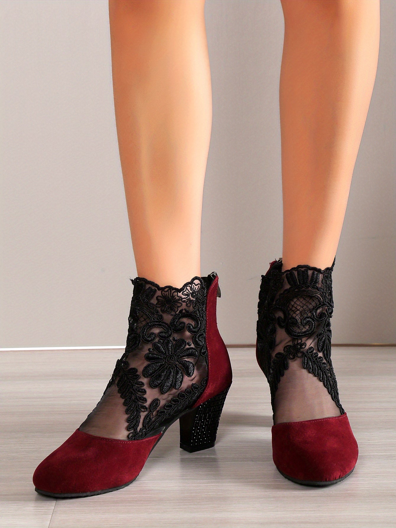 Women's Mesh Block Heel Boots, Fashion Floral Embroidered Back Zipper Heels, Versatile Dress Ankle Boots