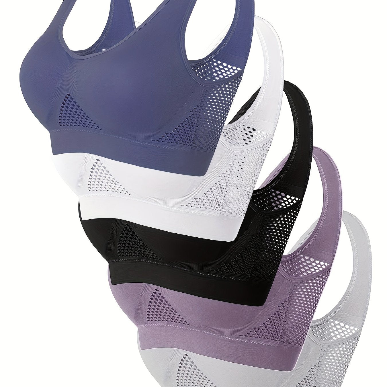 [Wire-Free] Wire-Free Sports Bras - 5pcs, Solid Color, Mesh, Breathable, High Elasticity - For Yoga, Fitness, and Running