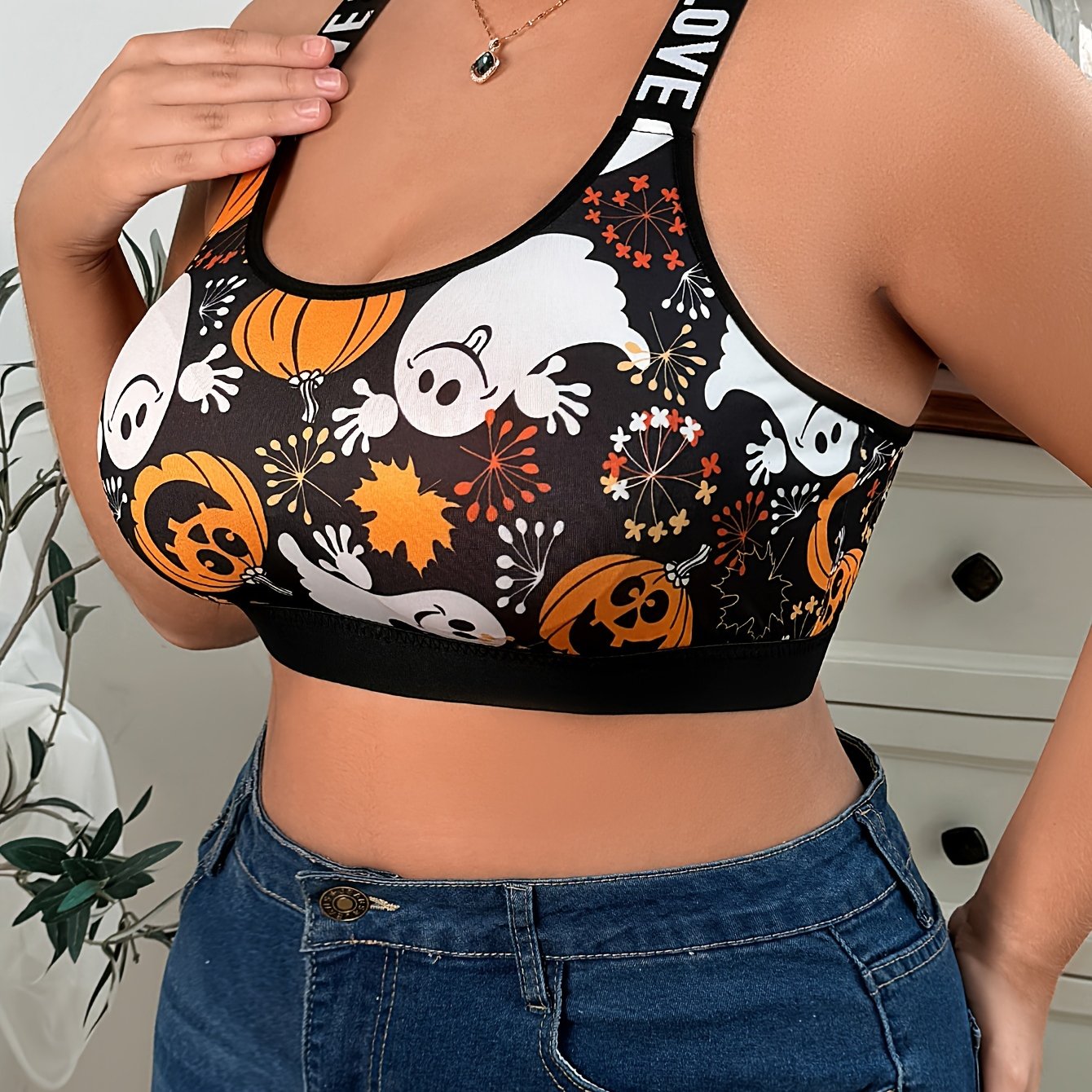 Plus Size Ghost & Pumpkin Print Racer Back Bralette - Women's Halloween Sports Bra - Comfortable, Breathable, Wire-Free, Letter Tape Design, Plus Size Bras & Bralettes for Curvy Women