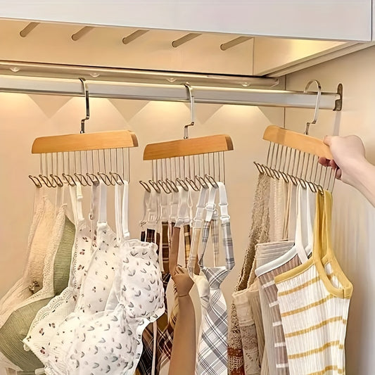 3-Pack Wood Bra Hanger with 8 Hooks - Space-Saving Closet Organizer for 24 Bras, Tank Tops, Camisoles, Swimsuits, and Strappy Dresses - 360° Rotating, Easy Storage, and Perfect for Dorm and Apartment