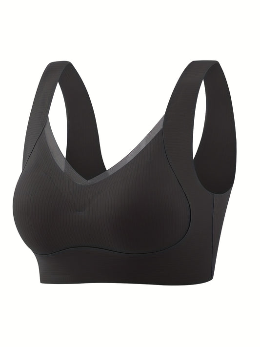 Simple Solid Contrast Mesh Full Coverage Bra, Comfy & Breathable Bra, Women's Lingerie & Underwear