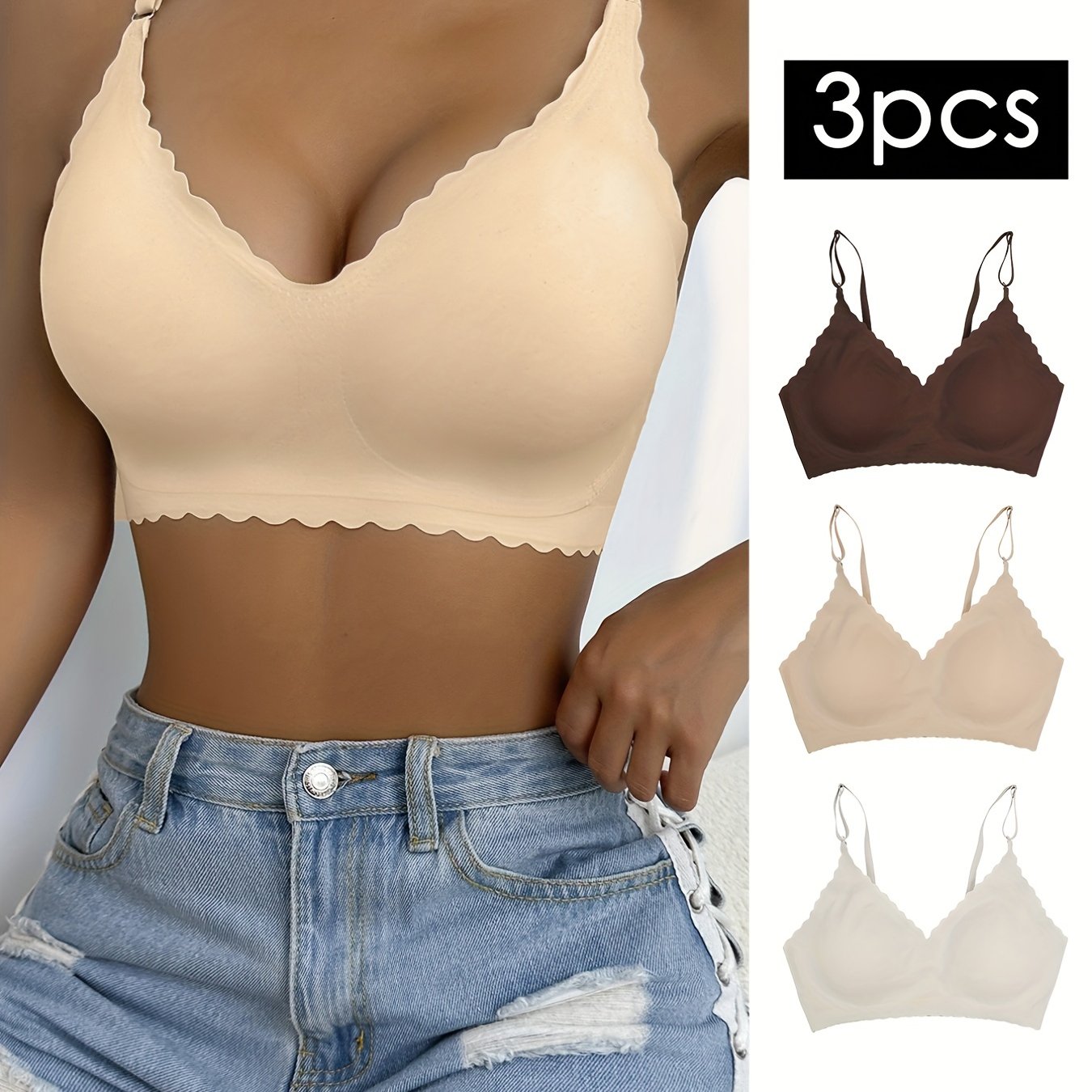 3pcs Wavy Trim Seamless Bralettes, Comfortable & Breathable Wireless Intimates Bras, Women's Lingerie & Underwear