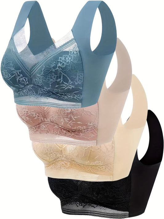 4pcs Seamless Lace Bra Set - Ultra-Soft & Breathable, Wireless Bras with Refined Contrast Lace Detail - Perfect for Everyday Wear, Womens lingerie