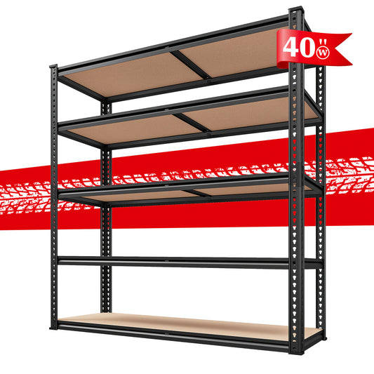 Heavy Duty 5-Tier Metal Garage Shelving Unit, 40"W x 72"H x 20"D, Adjustable Storage Shelves with Rolled Edge Design, 2500LBS Capacity, Easy Assembly for Garage, Pantry, Closet, or Office, Garage Accessories