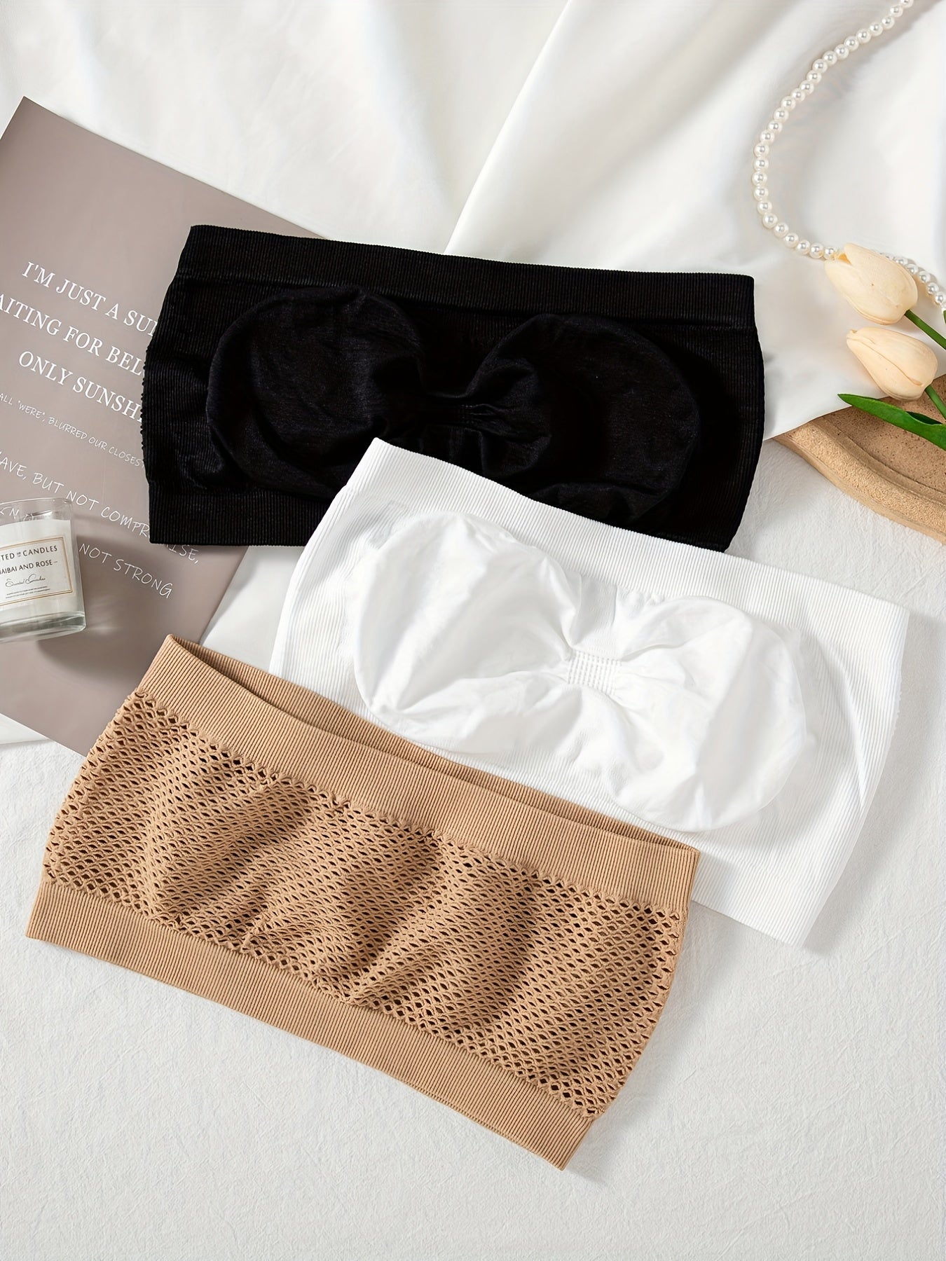3pcs Strapless Bandeau Bras, Comfy & Soft Stretch Everyday Bra, Women's Lingerie & Underwear