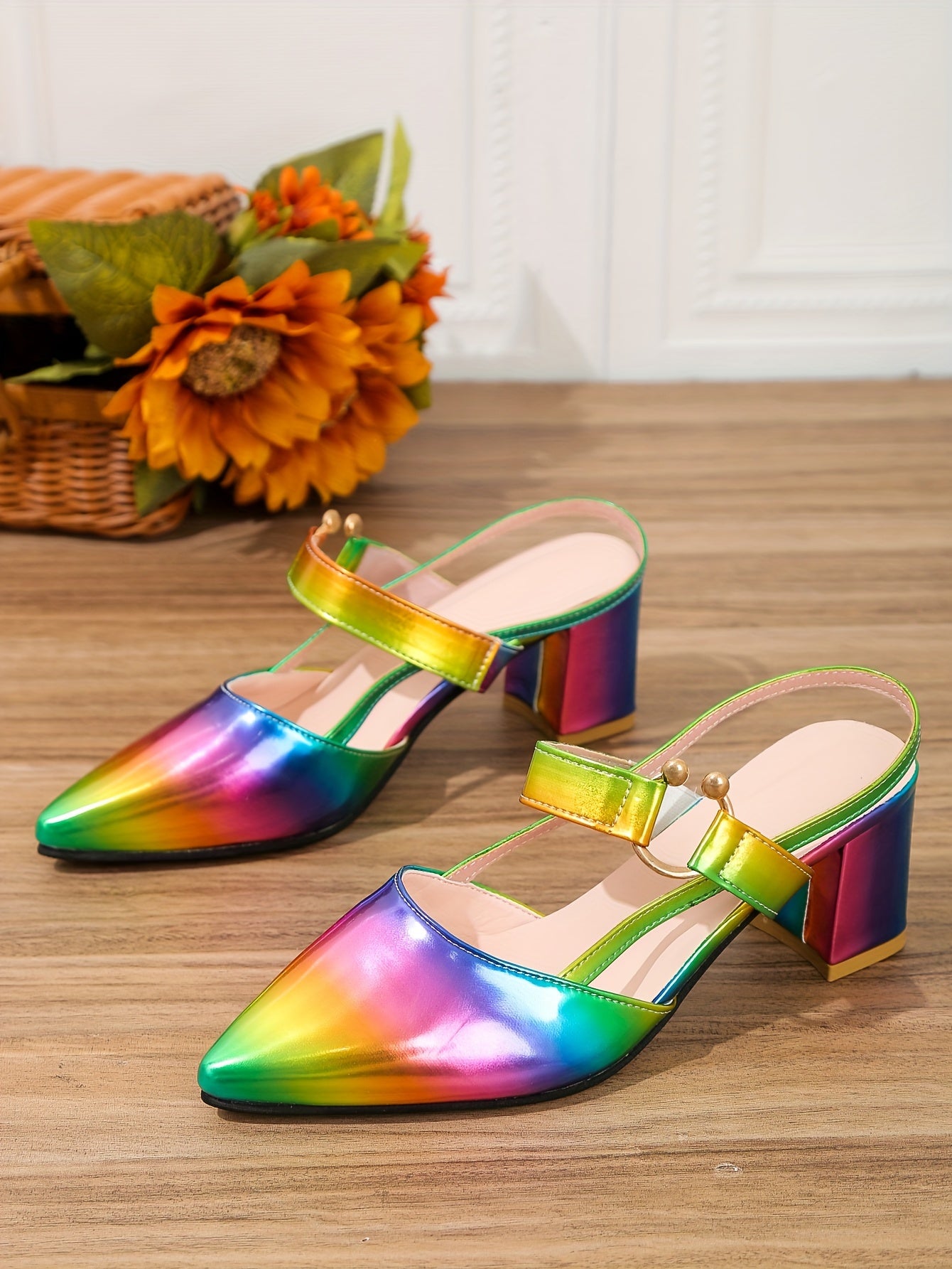 Women's Pointed Toe Block High Heel Sandals, Fashion Solid Color Slingback Shoes, Versatile Mid Heels