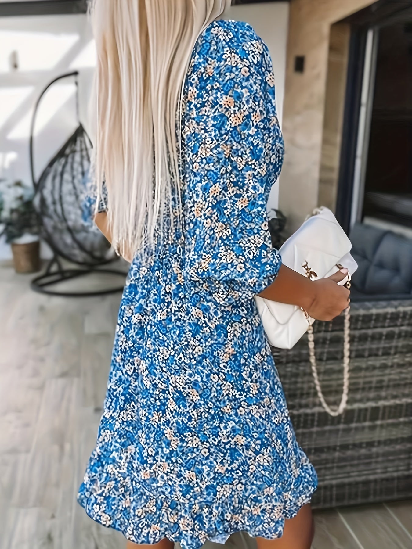 Floral Print Shirred Waist Dress, Casual V Neck Dress For Spring & Summer, Women's Clothing