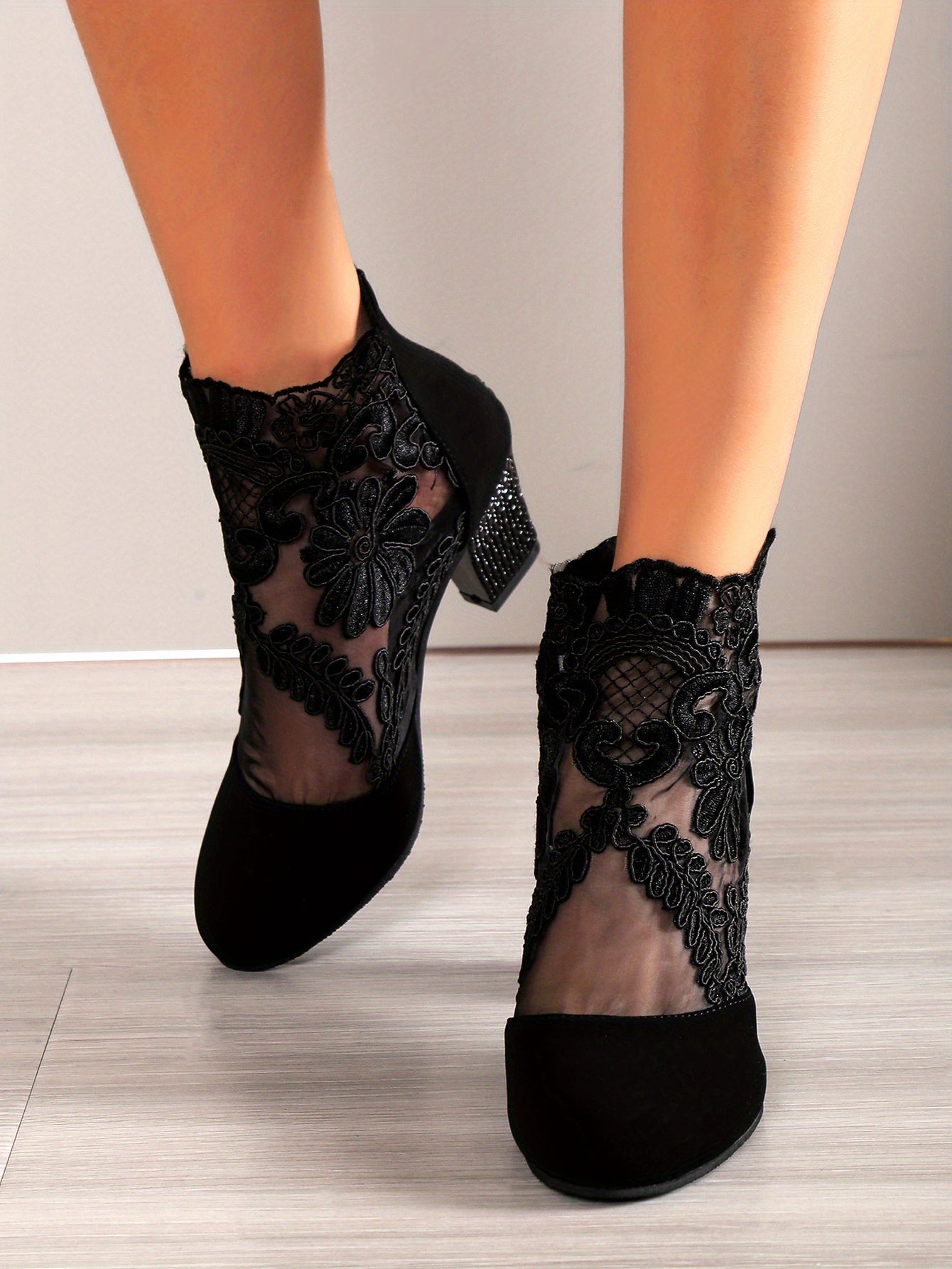 Women's Mesh Block Heel Boots, Fashion Floral Embroidered Back Zipper Heels, Versatile Dress Ankle Boots