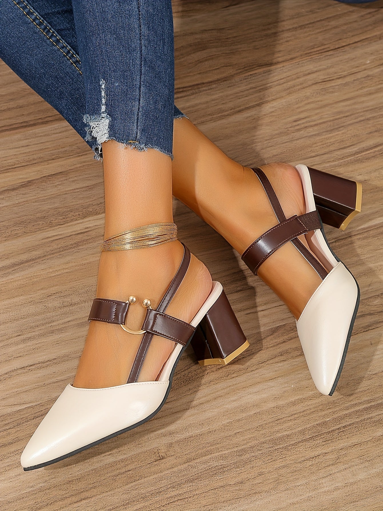 Women's Pointed Toe Block High Heel Sandals, Fashion Solid Color Slingback Shoes, Versatile Mid Heels