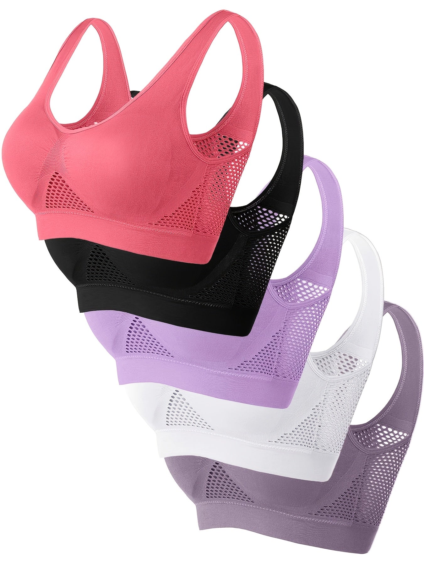 [Wire-Free] Wire-Free Sports Bras - 5pcs, Solid Color, Mesh, Breathable, High Elasticity - For Yoga, Fitness, and Running