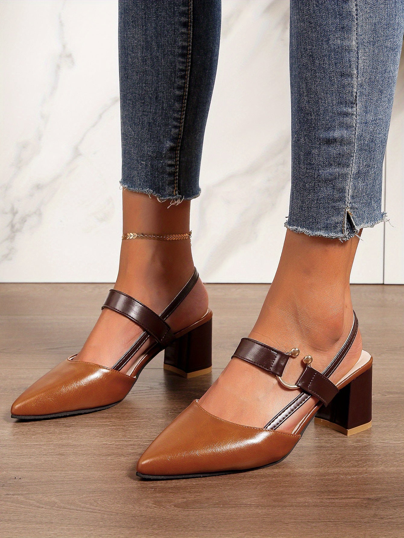 Women's Pointed Toe Block High Heel Sandals, Fashion Solid Color Slingback Shoes, Versatile Mid Heels