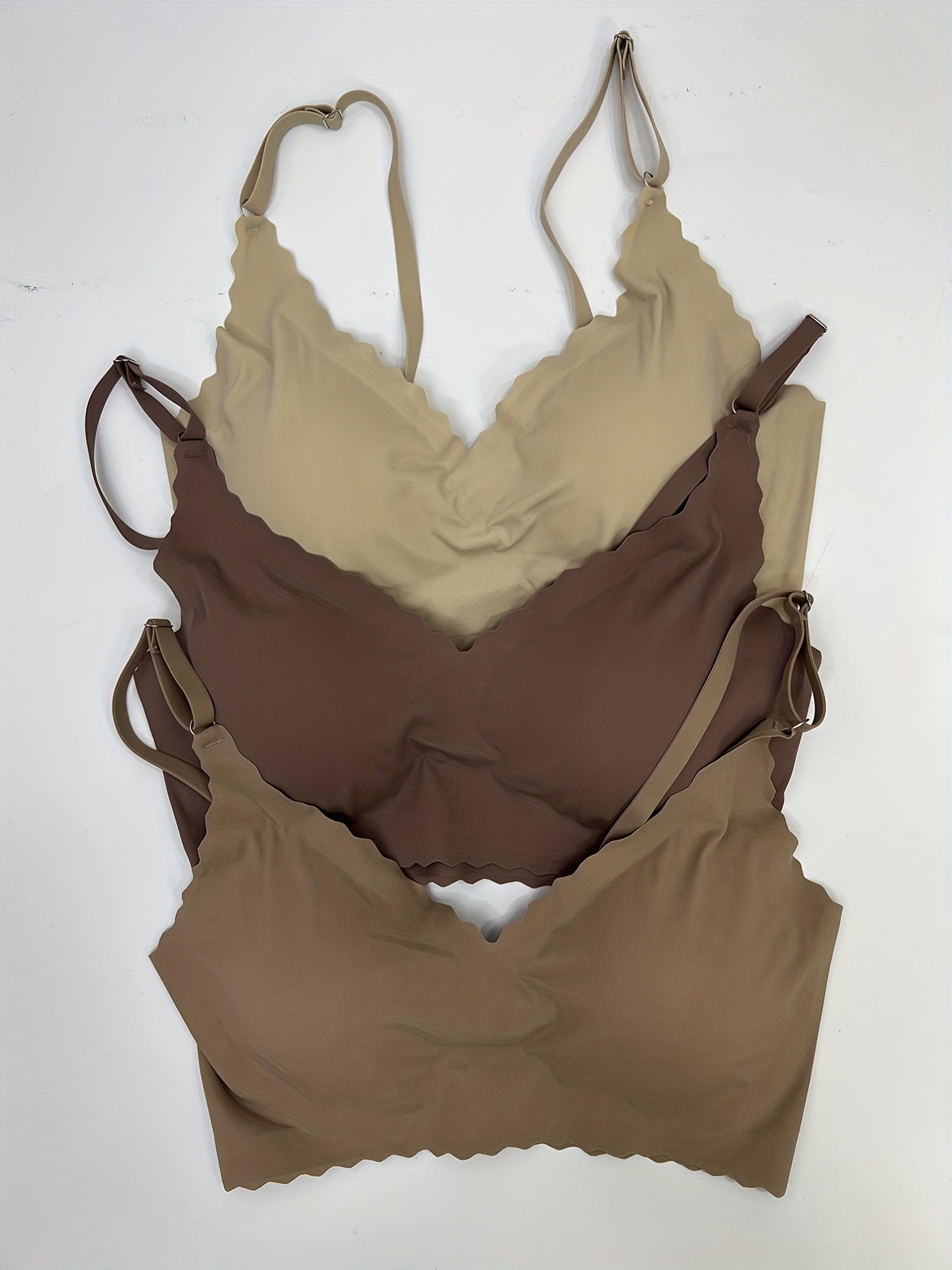 3pcs Wavy Trim Seamless Bralettes, Comfortable & Breathable Wireless Intimates Bras, Women's Lingerie & Underwear