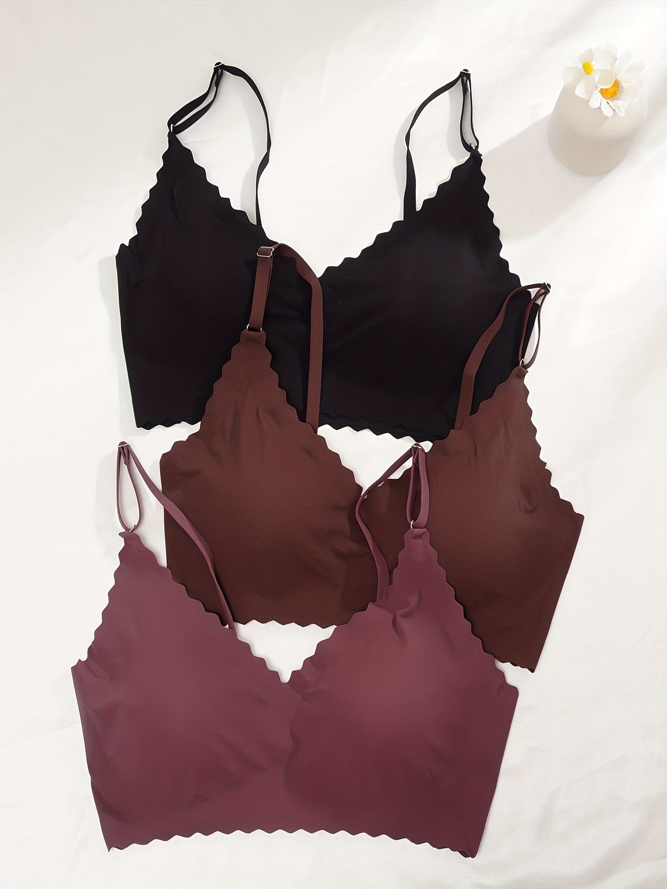 3pcs Wavy Trim Seamless Bralettes, Comfortable & Breathable Wireless Intimates Bras, Women's Lingerie & Underwear